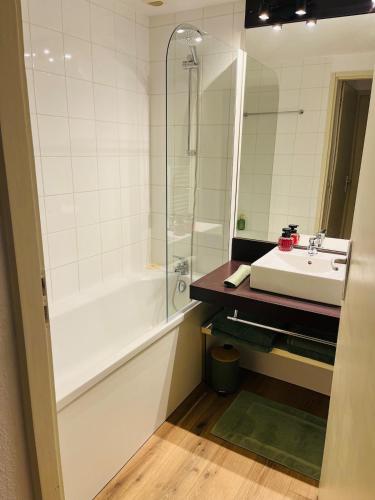 une salle de bain avec un lavabo et une douche dans l'établissement Les Charmes - C24A, à Eppe-Sauvage
