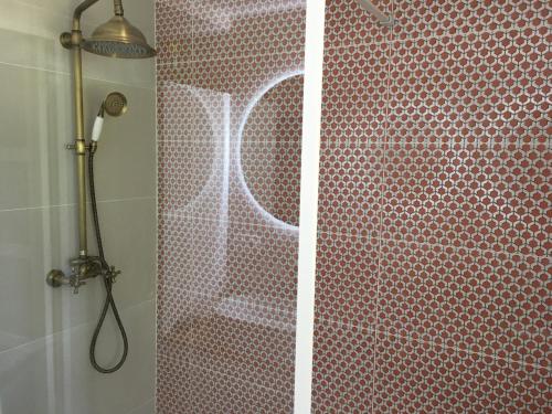 une douche avec rideau de douche rose à motifs dans l'établissement Apartment in a historic villa, à Saint-Raphaël