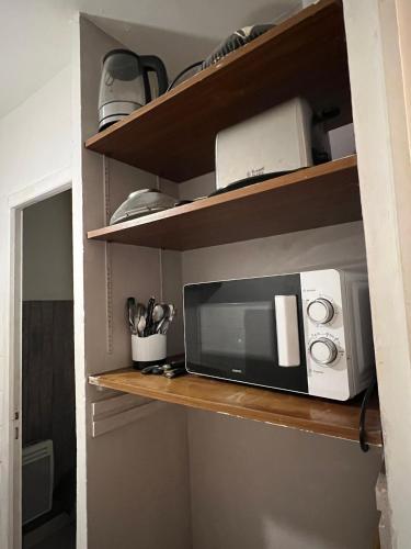 - un four micro-ondes sur une étagère en bois dans la cuisine dans l'établissement Studio départ tardif proche gare et lycées, à Orléans