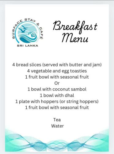 een flyer voor een ontbijtmenu met blauwe golven bij Surface Stay & Diving -5 min to Silent beach in Tangalle