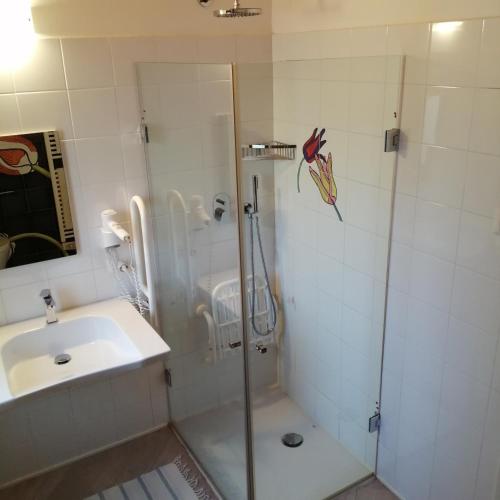 a bathroom with a shower and a sink at Djenga - rock 'n rooms in Genga