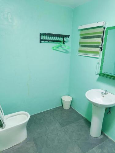 a bathroom with a sink and a toilet and a tub at Divine's Cabin, Fully Airconditioned! in Tacondo