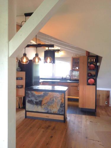 a kitchen with a table in the middle of a room at Hof Sorgenfrei in Buch