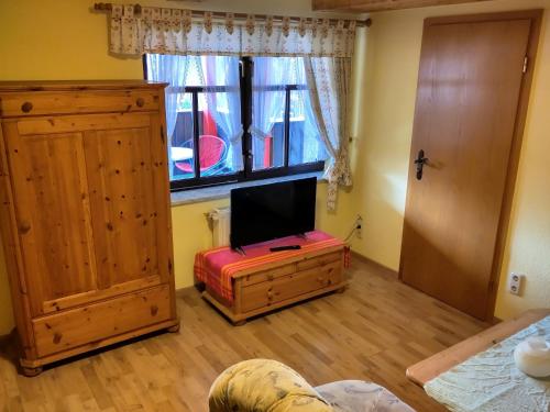 a living room with a tv and a large window at Windmühlenhof in Dittmannsdorf