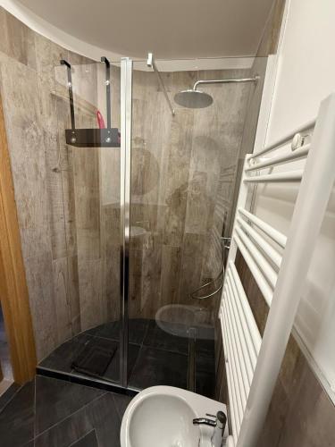 a bathroom with a glass shower and a toilet at Dimora nel borgo in Bibbiena