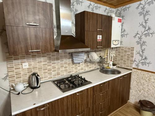 a kitchen with a sink and a stove top oven at Gabala Homes Musa in Gabala