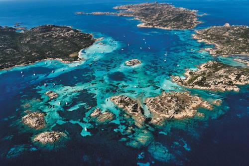 an aerial view of an island in the ocean at Villa le Bougainvillea in La Maddalena