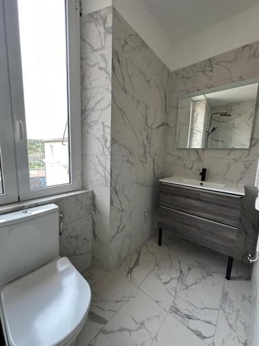 une salle de bain avec toilettes, lavabo et miroir dans l'établissement Superbe appartement en centre ville, à Corte