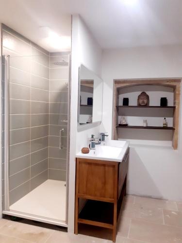 une salle de bain avec une douche, un lavabo et une baignoire dans l'établissement Maison médiévale Beaujolaise 17e siècle Authenticité Calme, à Jarnioux