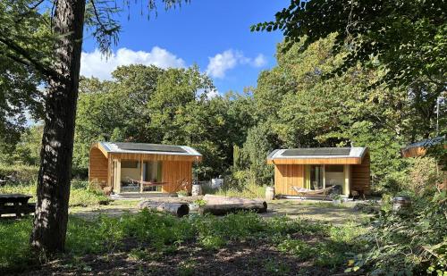 two wooden lodges in a forest with trees at De Roek Vakantiebungalows in Otterlo