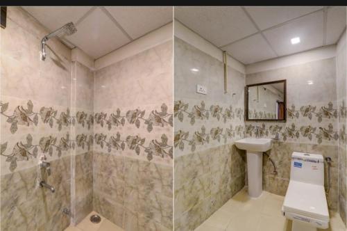 two pictures of a bathroom with a shower and a sink at Avadh court with big parking in Lucknow