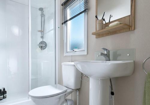 a bathroom with a white toilet and a sink at Coed Helen Holiday Park in Caernarfon