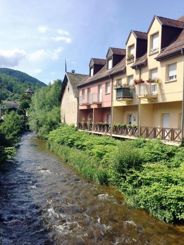 une rivière devant des bâtiments à côté d'une rivière dans l'établissement KAYSERSBERG - Downtown - Balcony and Parking, à Kaysersberg