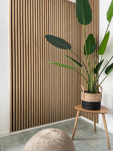 a plant sitting on a table next to a wooden wall at Beachhouse De Dahlia in Noordwijk aan Zee