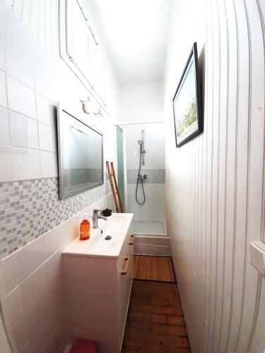 une salle de bain blanche avec un lavabo et une douche dans l'établissement Maison bohème chic Valençay, à Valençay