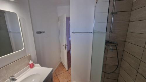 La salle de bains est pourvue d'une douche, d'un lavabo et d'un réfrigérateur. dans l'établissement Grand et Sapcieux T4 proche centre-ville, à Montpellier