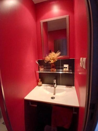 La salle de bains rouge est pourvue d'un lavabo et d'un miroir. dans l'établissement Hôtel le 116, à Gravelines