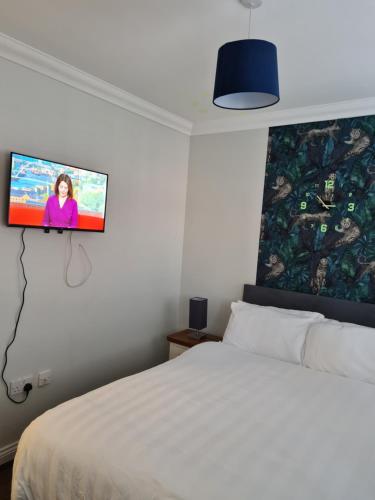 a bedroom with a bed and a tv on the wall at Rays Lodge 2 in Middlesbrough