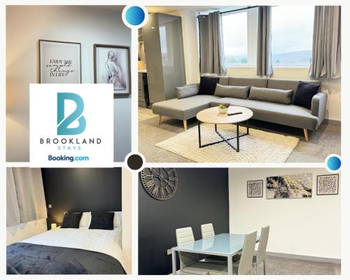 a collage of a living room with a couch and a table at Two Bedroom Flat by Brookland Stays Serviced Accommodation Short Lets Leeds with Free WiFi in Yeadon