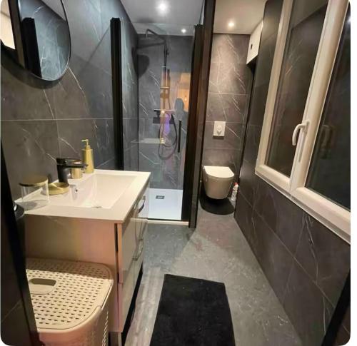 a small bathroom with a sink and a shower at Le nid du dernier sou in Boulogne-sur-Mer