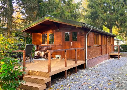 a wooden cabin with a deck and a dog at Rust en Natuur in Ons Vrijstaande Fins Chalet in Epe