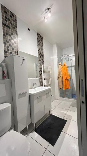une salle de bain blanche avec un lavabo et des toilettes dans l'établissement XXXL 10 personnes, à Bellignat