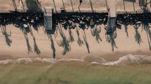 a group of birds sitting on a pier over the water at Jaguaríndia Village in Fortim