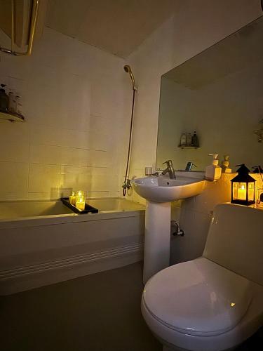 a bathroom with a sink and a toilet and a tub at Sillim Leo's House in Seoul