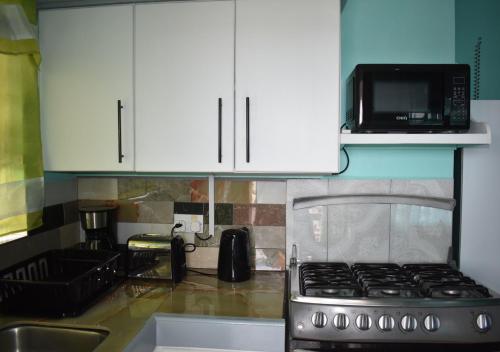 a kitchen with white cabinets and a stove and a microwave at Cherie Daze in Corinthe