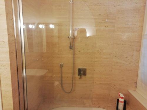 a shower with a glass door in a bathroom at Casa Misha tra 5 Terre e Versilia in Bocca di Magra