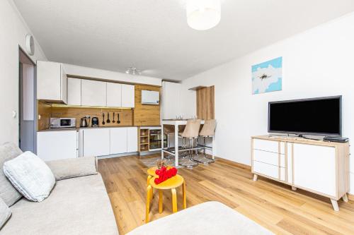 un salon avec un canapé et une télévision dans l'établissement VIO-LETTES - Agréable deux pièces - Proche Mer, à Roquebrune-Cap-Martin