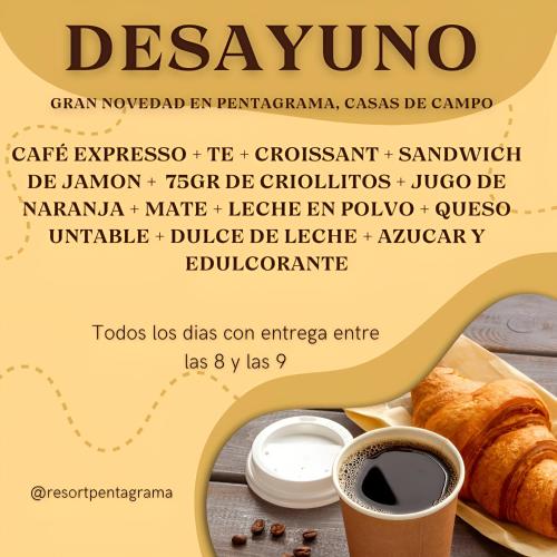 a flyer for a bakery with a cup of coffee and croissants at Pentagrama, casas de campo in Villa General Belgrano