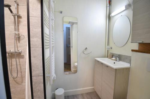 een badkamer met wastafel en douche met spiegel bij Suite Belleville in Saint-Dizier