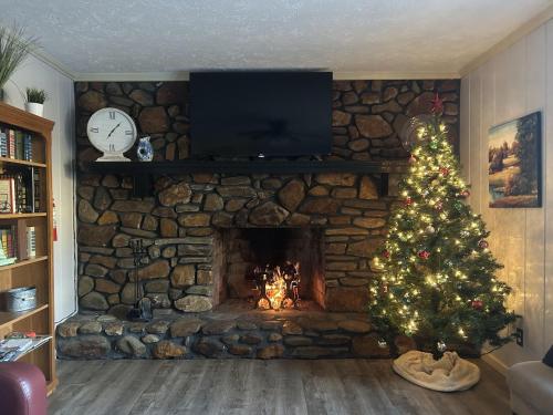 a christmas tree in a living room with a fireplace at Downtown Family Retreat - 5 Beds & 3.5 Baths in Dahlonega