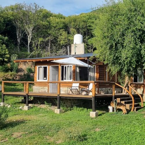 una cabaña en el bosque con una valla en Cabaña Cielos del Champaqui 6 kms VGB, en Villa Ciudad Parque