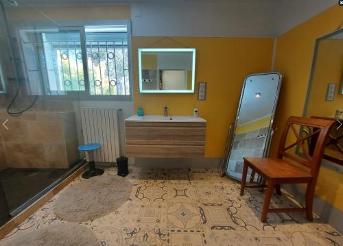 une salle de bain avec un lavabo et un miroir dans l'établissement La grangette, à Marseillan