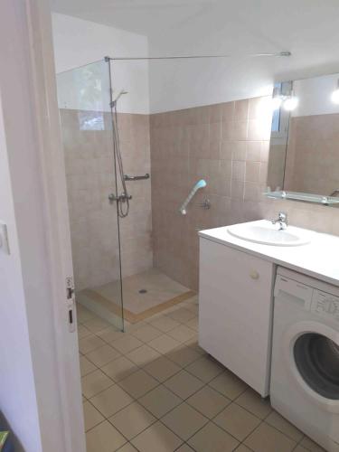 une salle de bain avec douche et lavabo et une machine à laver dans l'établissement Foyer Magistérien, à Porta