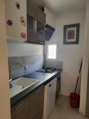 une petite cuisine avec un évier et une cuisinière dans l'établissement maison à Cavalaire sur mer, à Cavalaire-sur-Mer