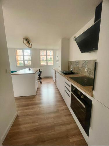 une cuisine avec un évier et un plan de travail dans l'établissement Cocon amiénois de standing, à Amiens