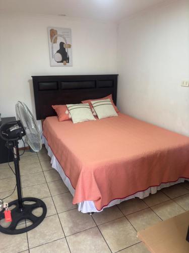 a bedroom with a bed and a fan at Alojamiento Puente Alto in Santiago