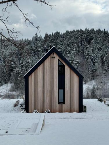 a small wooden building in the snow with trees at NALAS domki z widokiem in Rabka