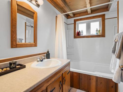 ein Badezimmer mit Waschbecken, Spiegel und Badewanne in der Unterkunft Laura et Evora Val David in Val-David