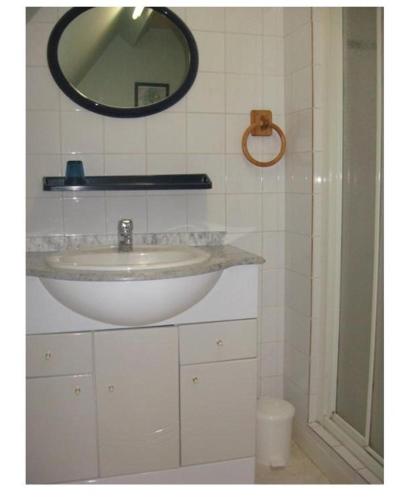 une salle de bain avec un lavabo et un miroir au mur dans l'établissement Gîte du Clos Bouillon, à Saint-Loup-Hors