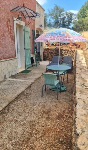 une table et des chaises avec un parasol à côté d'un bâtiment dans l'établissement Stu'Duo du Mas d'AS, à Tavernes