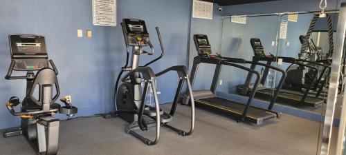 a gym with treadmills and ellipticals in a room at MC Pacific Inn & Suites Torrance in Torrance