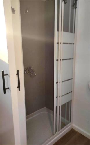a shower with a glass door in a bathroom at Tiny Haus Komos in Pitsidia