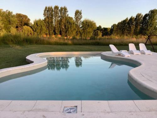 a swimming pool with white lounge chairs around it at Complejos EG in San Miguel del Monte