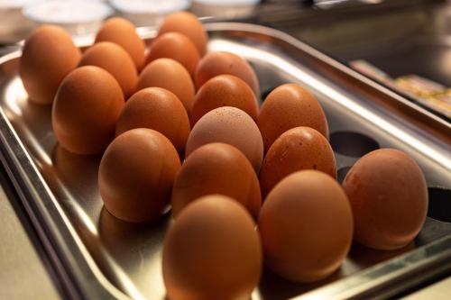 a bunch of brown eggs on a metal tray at Riserva Bianca Limone Hotel & SPA in Limone Piemonte