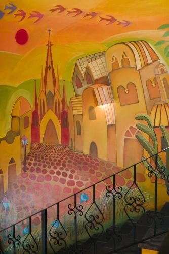 a mural on the wall of a church at Casa Don Pascual Hotel Boutique Sweet Home in San Miguel de Allende