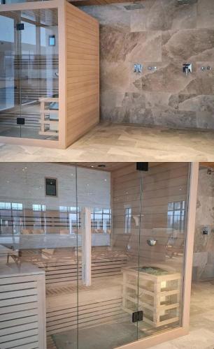 two views of a room with a glass wall at Sim Seaside Odyssey in Mamaia Sat/Năvodari